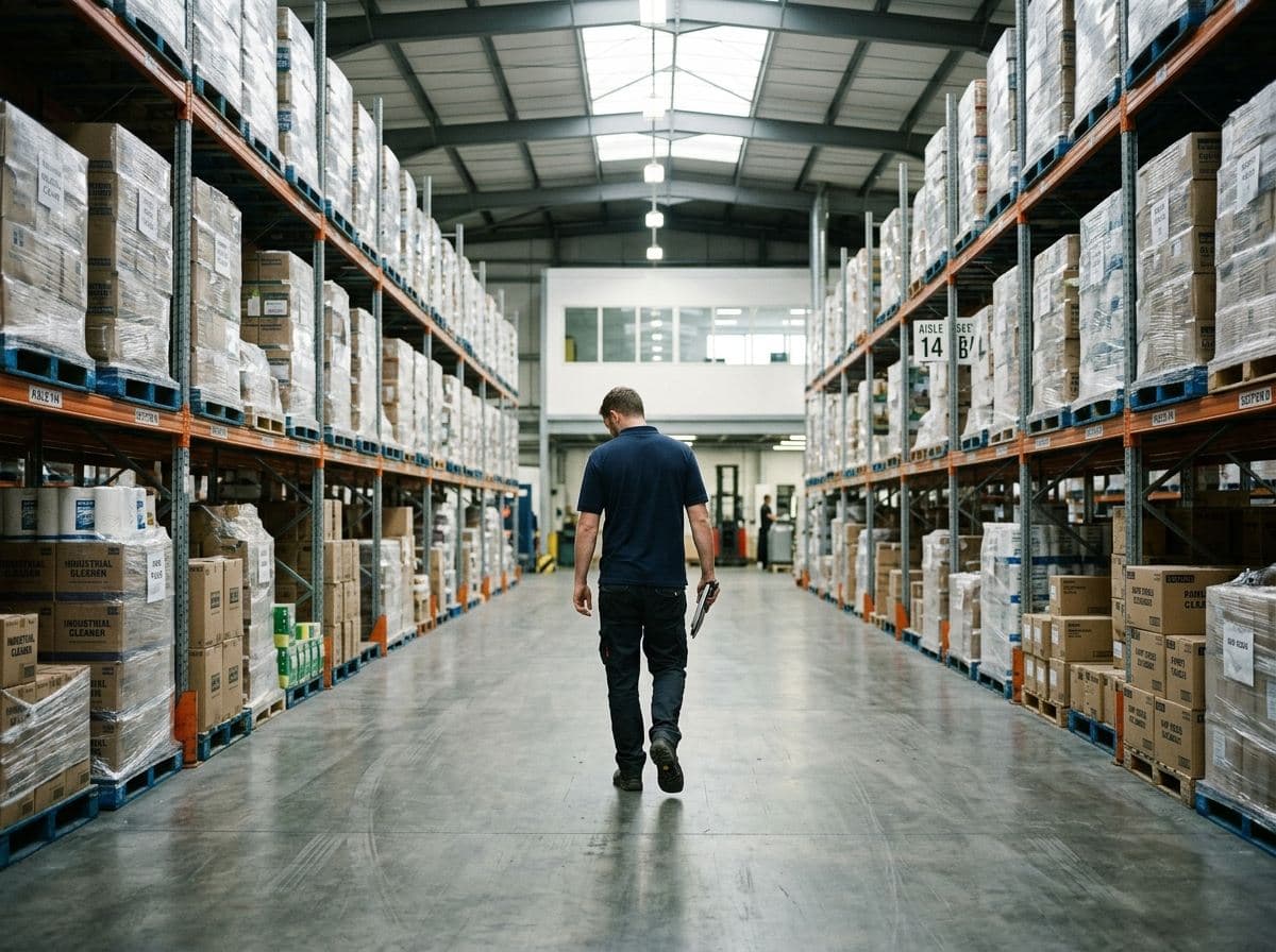 ASP team member walking a stocked distribution warehouse aisle