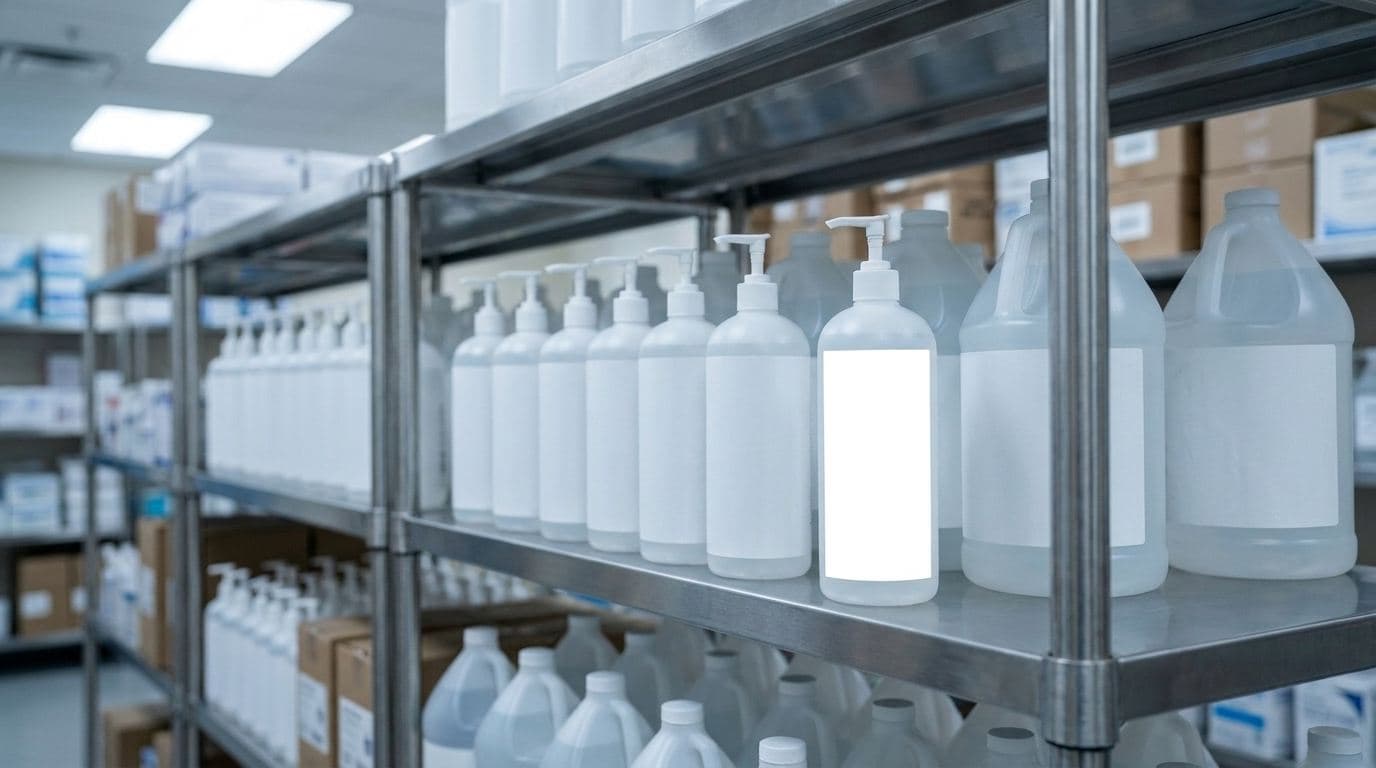 Stocked supply shelves in a store back room