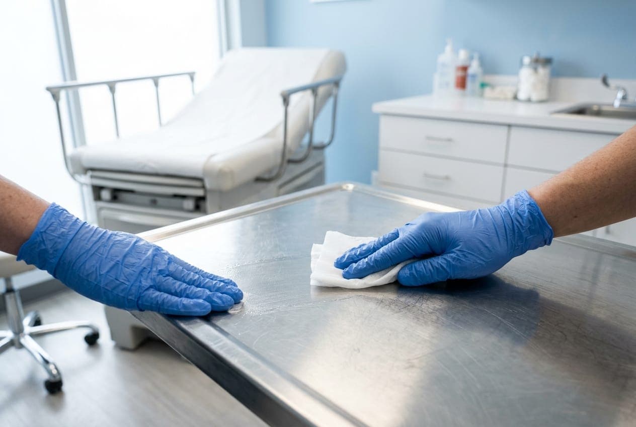 A clinician wiping down an exam room surface