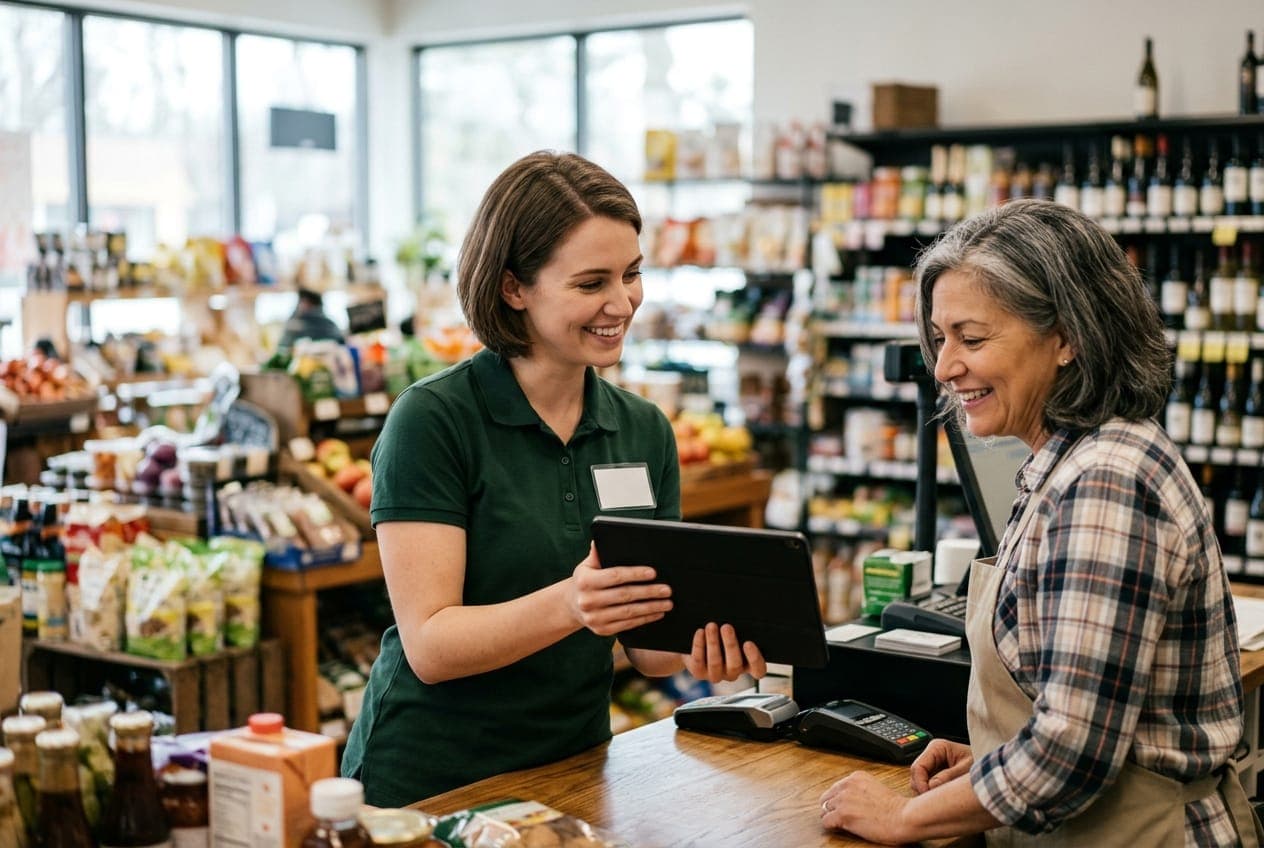An ASP representative helping a customer at the counter