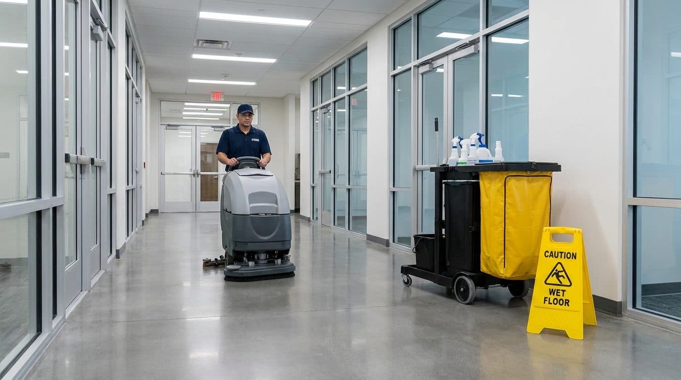 Custodial worker running a floor scrubber beside a janitorial cart and wet floor sign