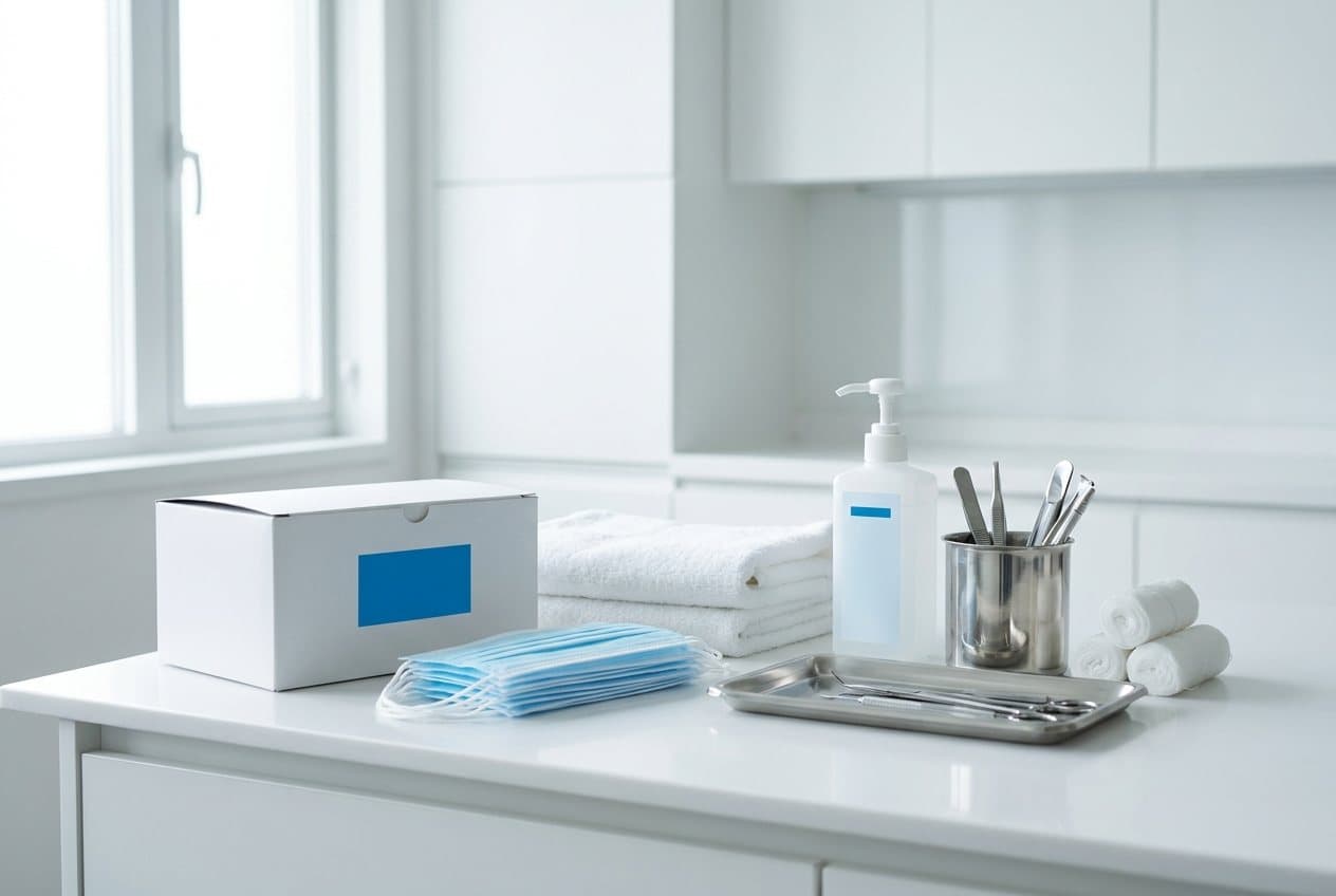 Exam gloves, surgical masks, towels, hand sanitizer and instrument trays on a clinical countertop