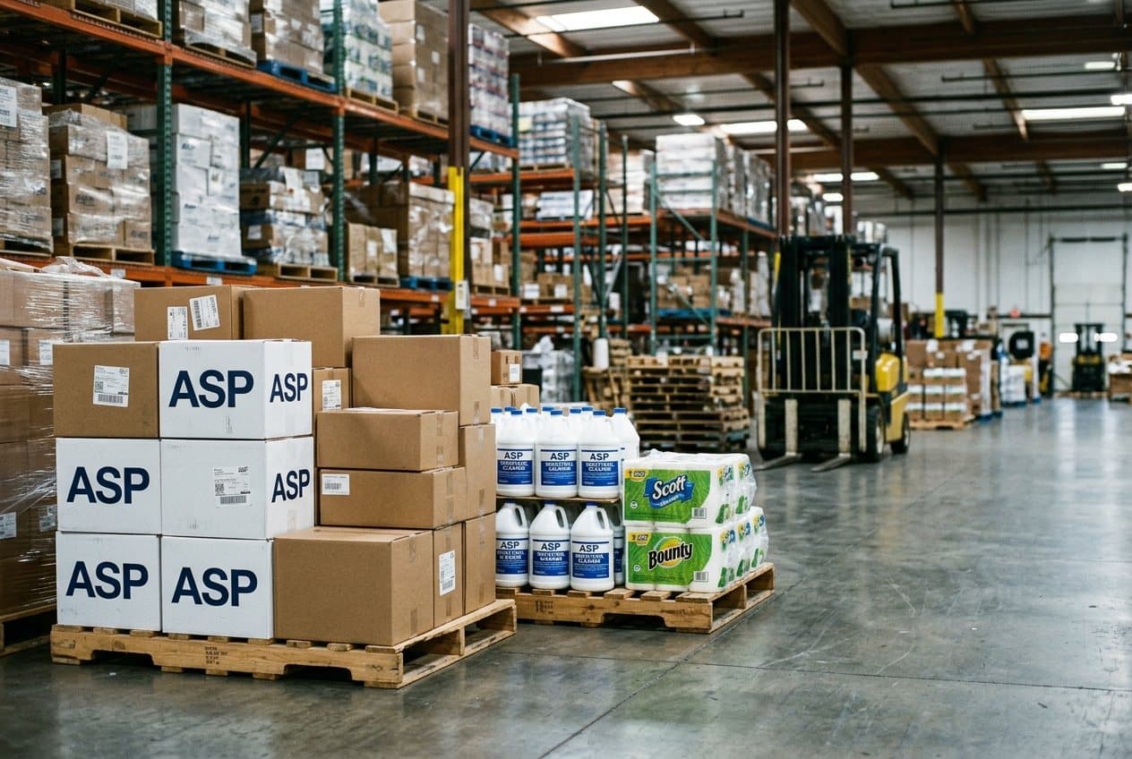 Pallets of ASP-branded supplies staged in the distribution warehouse